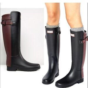 Hunter Original 5 Refined Back Strap Contrast Tall Wellington Rain Boots Black